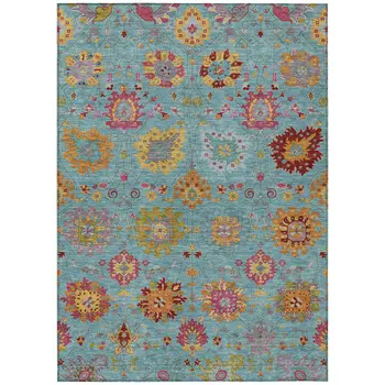 9' X 12' Teal Blue Gold And Pink Damask Washable Indoor Outdoor Area Rug