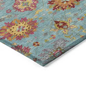 10' X 14' Teal Blue Gold And Pink Damask Washable Indoor Outdoor Area Rug