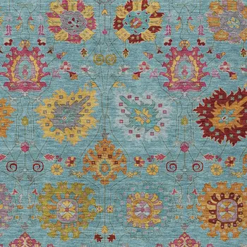 10' X 14' Teal Blue Gold And Pink Damask Washable Indoor Outdoor Area Rug