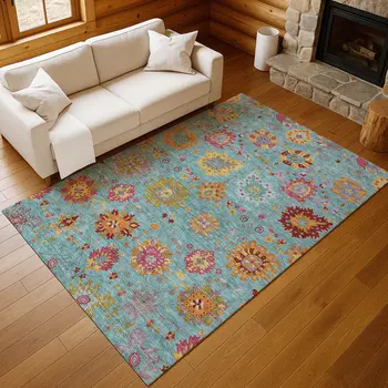 10' X 14' Teal Blue Gold And Pink Damask Washable Indoor Outdoor Area Rug