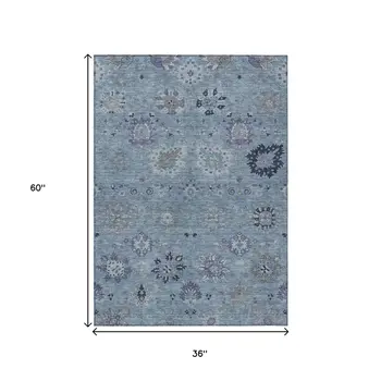 3' X 5' Denim Blue And Gray Damask Washable Indoor Outdoor Area Rug