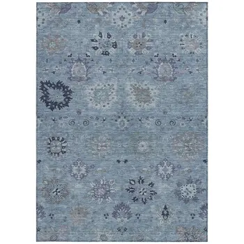 5' X 8' Denim Blue And Gray Damask Washable Indoor Outdoor Area Rug