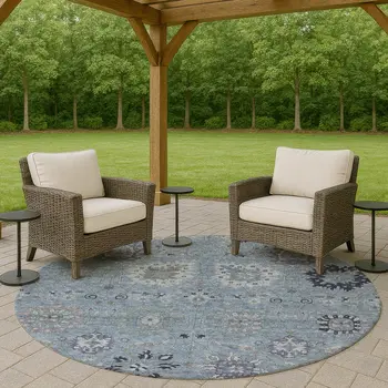8' Denim Blue And Gray Round Damask Washable Indoor Outdoor Area Rug