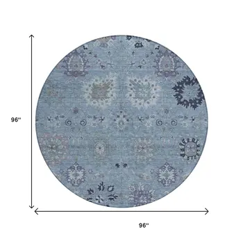 8' Denim Blue And Gray Round Damask Washable Indoor Outdoor Area Rug