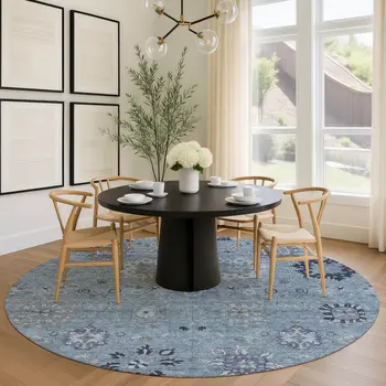 8' Denim Blue And Gray Round Damask Washable Indoor Outdoor Area Rug