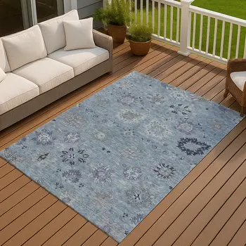 8' X 10' Denim Blue And Gray Damask Washable Indoor Outdoor Area Rug