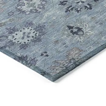 8' X 10' Denim Blue And Gray Damask Washable Indoor Outdoor Area Rug