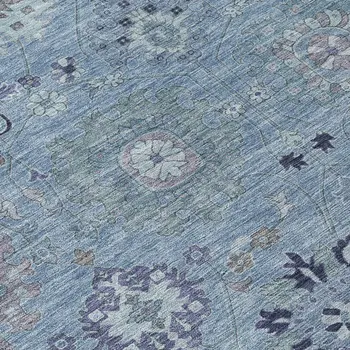 8' X 10' Denim Blue And Gray Damask Washable Indoor Outdoor Area Rug