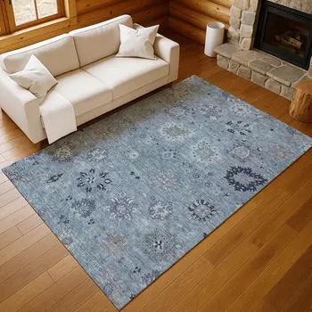 8' X 10' Denim Blue And Gray Damask Washable Indoor Outdoor Area Rug