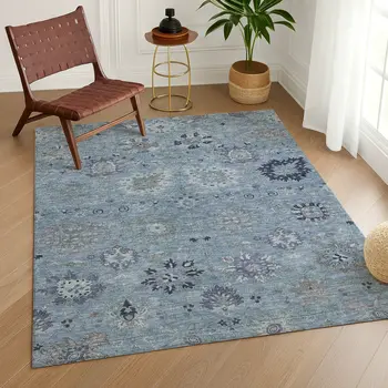 8' X 10' Denim Blue And Gray Damask Washable Indoor Outdoor Area Rug