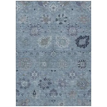 10' X 14' Denim Blue And Gray Damask Washable Indoor Outdoor Area Rug