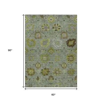 5' X 8' Fern Green And Gray Damask Washable Indoor Outdoor Area Rug
