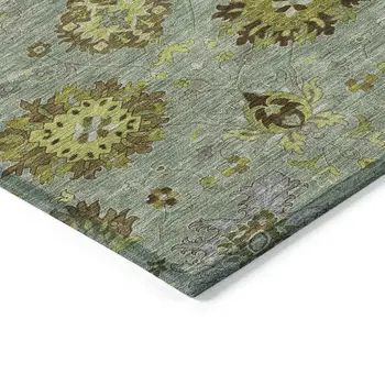 8' Fern Green And Gray Round Damask Washable Indoor Outdoor Area Rug