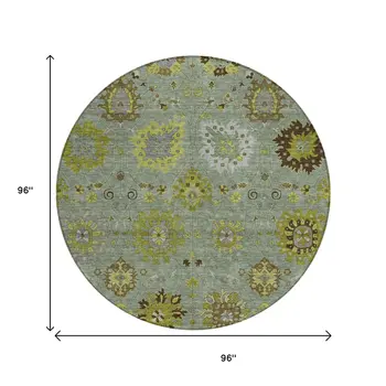 8' Fern Green And Gray Round Damask Washable Indoor Outdoor Area Rug