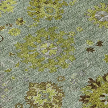 8' Fern Green And Gray Round Damask Washable Indoor Outdoor Area Rug