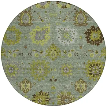 8' Fern Green And Gray Round Damask Washable Indoor Outdoor Area Rug