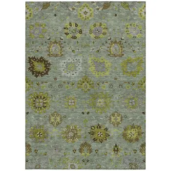 10' X 14' Fern Green And Gray Damask Washable Indoor Outdoor Area Rug