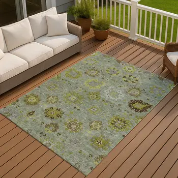 10' X 14' Fern Green And Gray Damask Washable Indoor Outdoor Area Rug