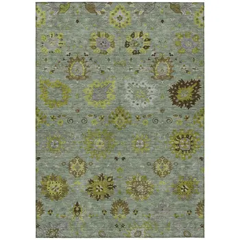 10' X 14' Fern Green And Gray Damask Washable Indoor Outdoor Area Rug