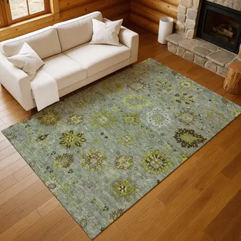 10' X 14' Fern Green And Gray Damask Washable Indoor Outdoor Area Rug