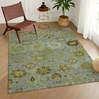 10' X 14' Fern Green And Gray Damask Washable Indoor Outdoor Area Rug