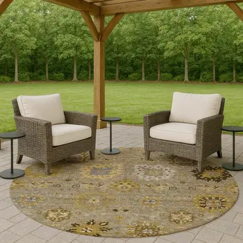 8' Khaki Gold And Gray Round Damask Washable Indoor Outdoor Area Rug