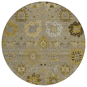 8' Khaki Gold And Gray Round Damask Washable Indoor Outdoor Area Rug