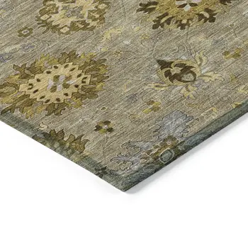 8' Khaki Gold And Gray Round Damask Washable Indoor Outdoor Area Rug
