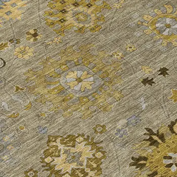 8' Khaki Gold And Gray Round Damask Washable Indoor Outdoor Area Rug