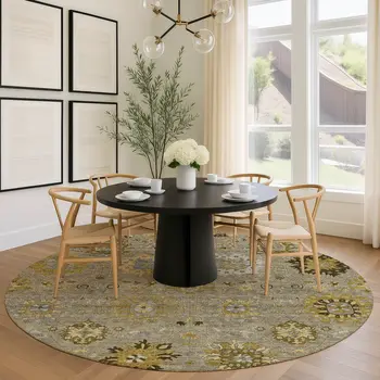 8' Khaki Gold And Gray Round Damask Washable Indoor Outdoor Area Rug
