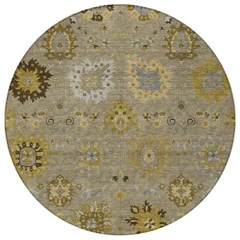 8' Khaki Gold And Gray Round Damask Washable Indoor Outdoor Area Rug