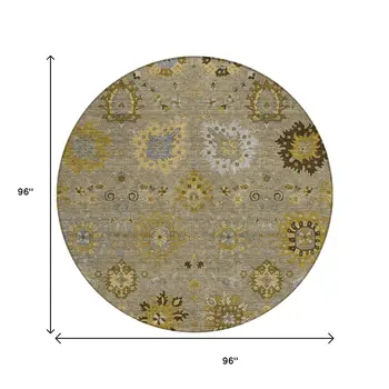 8' Khaki Gold And Gray Round Damask Washable Indoor Outdoor Area Rug