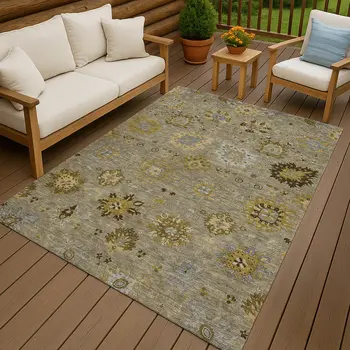 9' X 12' Khaki Gold And Gray Damask Washable Indoor Outdoor Area Rug