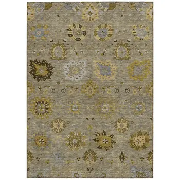 10' X 14' Khaki Gold And Gray Damask Washable Indoor Outdoor Area Rug