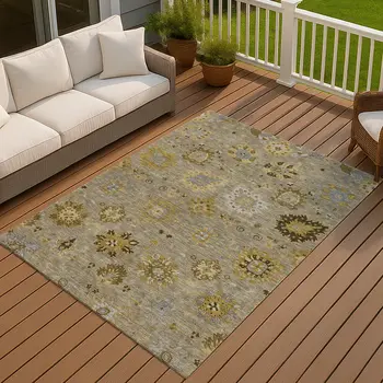 10' X 14' Khaki Gold And Gray Damask Washable Indoor Outdoor Area Rug