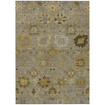10' X 14' Khaki Gold And Gray Damask Washable Indoor Outdoor Area Rug