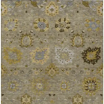 10' X 14' Khaki Gold And Gray Damask Washable Indoor Outdoor Area Rug