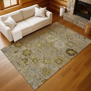 10' X 14' Khaki Gold And Gray Damask Washable Indoor Outdoor Area Rug