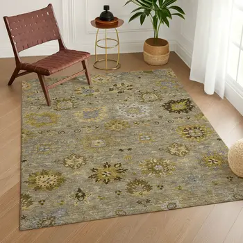 10' X 14' Khaki Gold And Gray Damask Washable Indoor Outdoor Area Rug