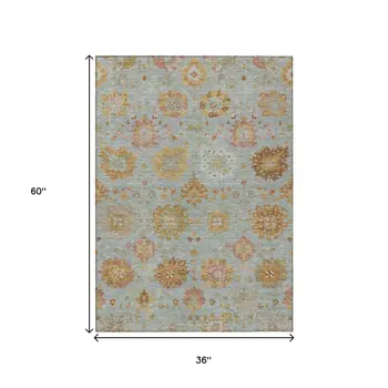 3' X 5' Pale Aqua And Gold Damask Washable Indoor Outdoor Area Rug