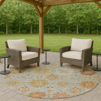 8' Pale Aqua And Gold Round Damask Washable Indoor Outdoor Area Rug