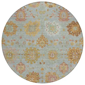 8' Pale Aqua And Gold Round Damask Washable Indoor Outdoor Area Rug