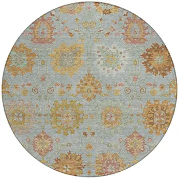 8' Pale Aqua And Gold Round Damask Washable Indoor Outdoor Area Rug