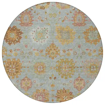 8' Pale Aqua And Gold Round Damask Washable Indoor Outdoor Area Rug