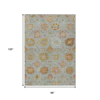8' X 10' Pale Aqua And Gold Damask Washable Indoor Outdoor Area Rug