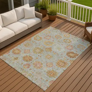 10' X 14' Pale Aqua And Gold Damask Washable Indoor Outdoor Area Rug