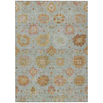 10' X 14' Pale Aqua And Gold Damask Washable Indoor Outdoor Area Rug