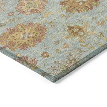 10' X 14' Pale Aqua And Gold Damask Washable Indoor Outdoor Area Rug