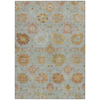 10' X 14' Pale Aqua And Gold Damask Washable Indoor Outdoor Area Rug