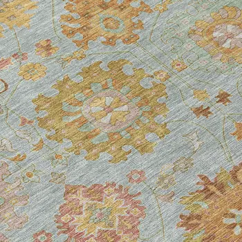 10' X 14' Pale Aqua And Gold Damask Washable Indoor Outdoor Area Rug